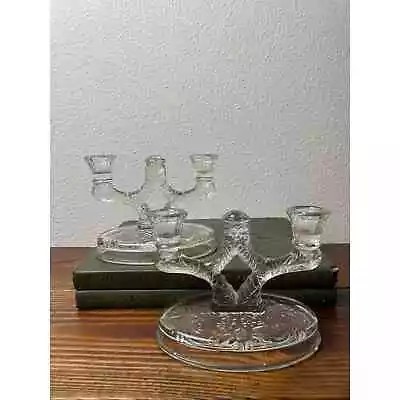 Vintage McKee Glass Rock Crystal Pattern Candelabra Ca 1930-1940's Set Of 2 • $60