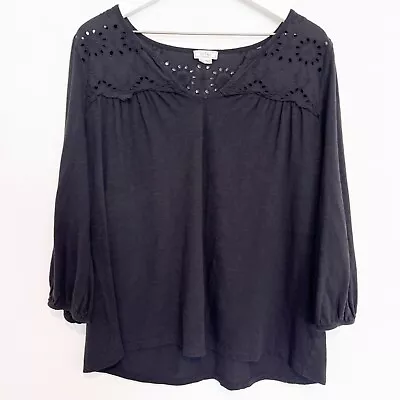 Fat Face Bryony Woven 3/4 Sleeve Eyelet Boho V-Neck Blouse Casual Top Black 12 • £24.01