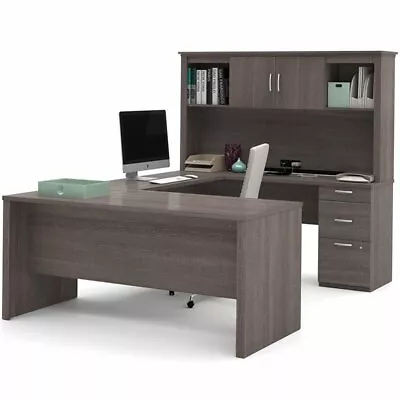 Bestar Logan Modern Wood U Shape Computer Desk With Hutch In Bark Gray • $859.86