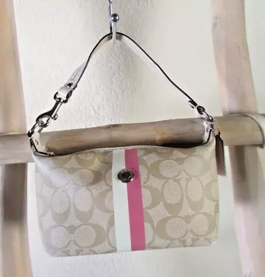 Coach Khaki Canvas Cc White & Pink Strip Zip Top Mini Hobo / Wristlet • $15