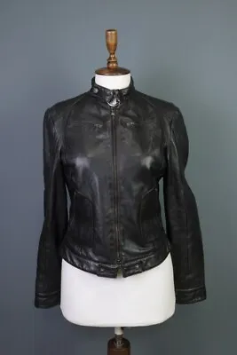 VERSACE JEANS COUTURE Black Leather Full Zip Biker Cropped Jacket Size M • $420