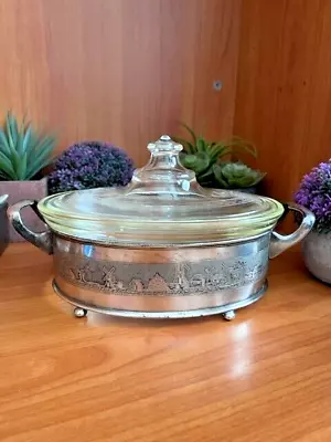 Vintage Etched Pyrex Dutch Casserole W/Dutch Silverplate Carrier R2s4 • $225