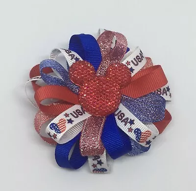 Girls Hair Bow 3 1/2  Red White Blue USA Sparkly Mickey Flatback French Barrette • $6.99