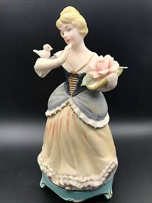 Marked Japan Porcelain Figurine Woman Holding Bird & Flower Basket - Vintage • $4.99