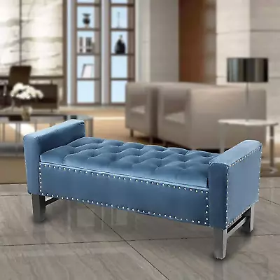 Blue Storage Ottoman Microfiber Bench Upholstered Seat Rectangle Footrest Stool • $214.99