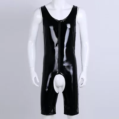 Men Wet Look PVC Leather Bodysuit One-Piece Crotchless Singlet Leotard Clubwear • £16.12