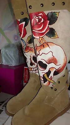 New Ed Hardy Tall Boots  6  Day Of The Dead  Suede Skull Roses Msrp $150.00 • $64.95