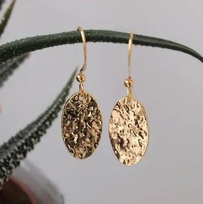 Gold Oval Disc Drop Earrings - Textured Golden Coin Shaped Dangle Minimalist UK • £13.49