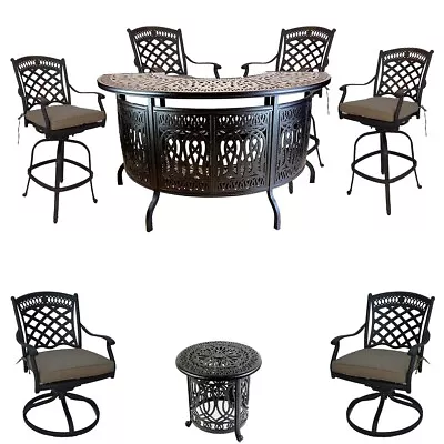 8 Piece Patio Cast Aluminum Party Bar And Swivel Bistro Set With Sunbrella Seats • $3895