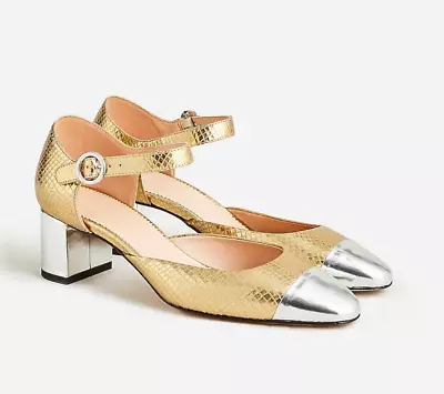 J.Crew $248 Millie Heels Snake Embossed Leather Gold Silver Size 9.5 BM688 • $120