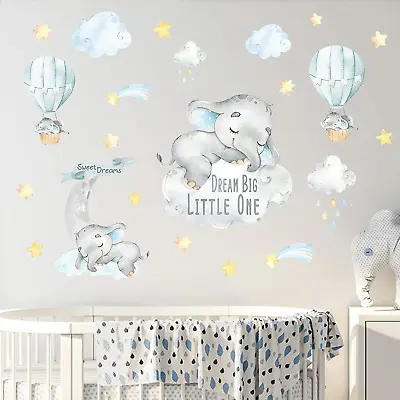 $18.21 • Buy Blue Watercolor Boy Elephant Wall Decals, Sweet Dream Big Little One Stickers Mo