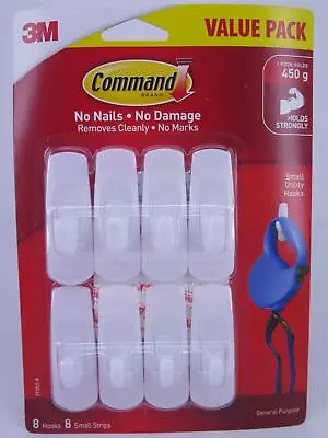 8 Pack 3M Command Small White Hooks Holds Up To 450g Ea Value Pack 17102-8 • $32.99