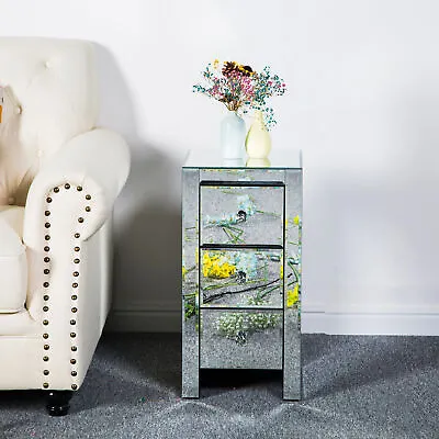 Mirrored Nightstand With 3 Drawer Modern Silver Finished Sofa End Bedside Table • $128.79