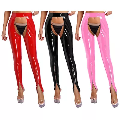 UK Women's Leather Backless Zip Stretchy Pants Wetlook Open Crotch Butt Trousers • £18.29