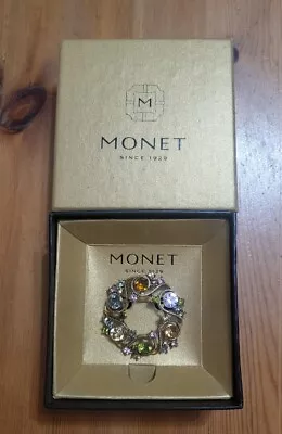 New - MONET Gold Tone Wreath With Multi-colored Stones Brooch With Box  • $18