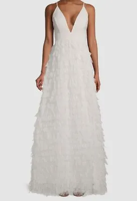 $395 Aidan Mattox Women's White Plunging Tiered Feathered Gown Dress Size 12 • $126.78