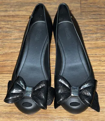 Melissa Ultragirl Women's Black Glitter Bow Jelly Ballet Flats Shoes Sz 6 • $44.99