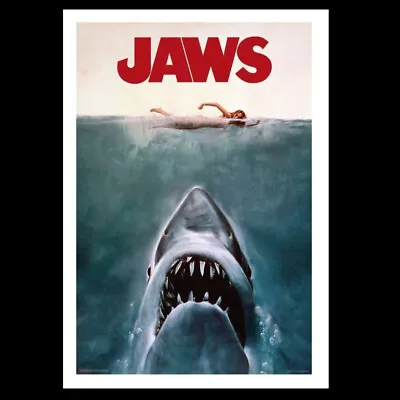 (WHITE FRAMED) JAWS CLASSIC MOVIE POSTER (66x96cm) PICTURE PRINT ART • $79.20