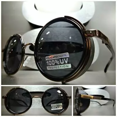 VINTAGE RETRO 60s STEAMPUNK CYBER Round Blinder SUN GLASSES Black & Bronze Frame • $19.99