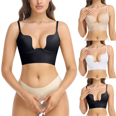 Women Push Up Bra Low Cut Deep U Shaped Plunge Backless Bra Underwear Invisible • £17.99