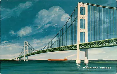 Vintage Mackinac Straits Bridge Postcard 1957 Exclusive Painting • $10.75