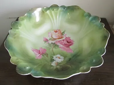 R S Prussia Germany Handpainted Porcelain Green Bowl Pink Roses 10.5   • $35
