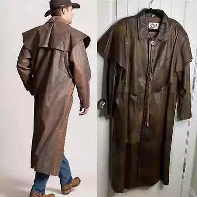 Vintage Brown Wax Leather Western Cape Coat Large Distressed Partina Yellowstone • $192.50