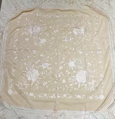 Shawl Manton De Manila FLORAL Coconut Cream Solid Color Silk Embroidered 43  • $167