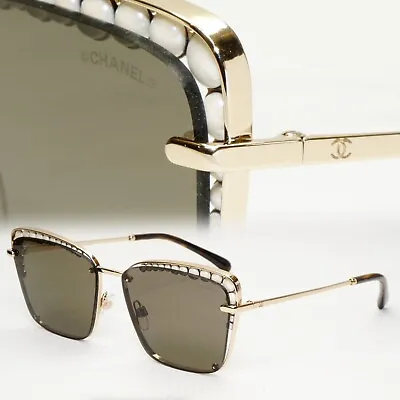 Chanel Sunglasses Gold Pearl Square Metal Pale Brown Green 4235-H C395/S7 041223 • £185