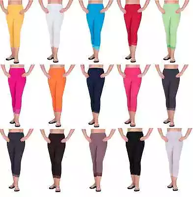 Ladies Cropped Leggings With Lace 3/4 Length Casual Cotton Pants Hot Colour 8-22 • £5.49