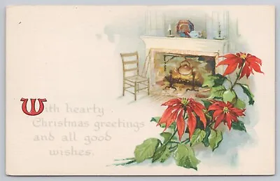 Hearty Christmas Greetings Poinsettias & Cozy Fireplace Scene Vintage Postcard • £6.17