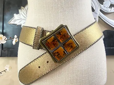 CACHE Vintage 80's Faceted Jewel Gold Metallic Amber Wide Mod Designer Belt • $34.90