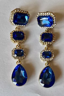 Vintage Sapphire Blue Statement Earrings W/ Faceted Crystal Trans Performance • $20