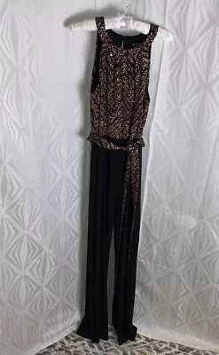 SL Fashions| Black Gold Metallic Belted Jumpsuit SZ8 • $35