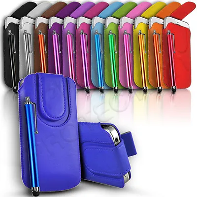 Slim Magnetic Close Leather Pull Tab Flip Case Cover & Stylus For Various Phones • £3.99