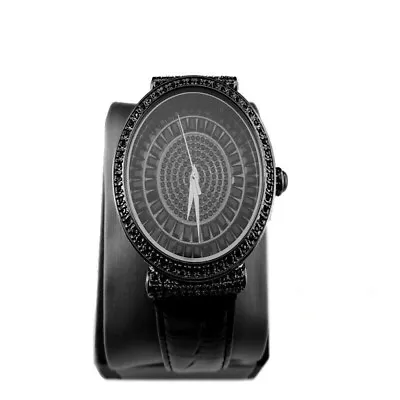 Men's Fully Icy Black Gold Finish Round Simulate Lab Diamond Swiss Leather Watch • $89.99
