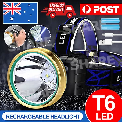 Super Bright Waterproof Head Torch Headlight T6 LED Rechargeable Headlamp Fish • $14.95