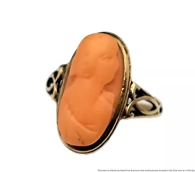 Vintage Solid Gold Carved Angelskin Coral Cameo Ladies Ring • $4.25