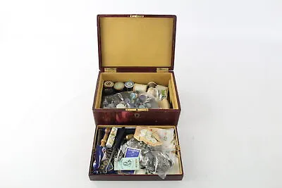 £5.50 • Buy Vintage HABERDASHERY SET In Leather Box Inc Enamel Needle Case, Buttons Etc