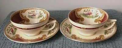 Myott ~ Staffordshire ~ “Chelsea Bird” Red ~ FOOTED CUPS And SAUCERS ~ 2 Sets • $35