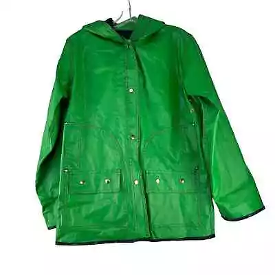 Mizz Lizz Raincoat Womens Size M Green Vinyl Lined Hooded Snap Closure • $39.99