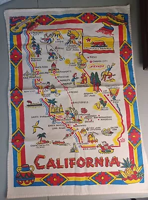 Mid-Century CALIFORNIA Map Souvenir Yucca Print Tablecloth Cactus Cloth Covering • $29.99