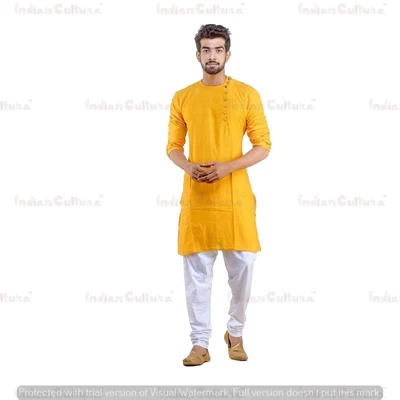 £20.39 • Buy Indian Handmade Traditional Fashion Men's Kurta Cotton Clothing Color Yellow