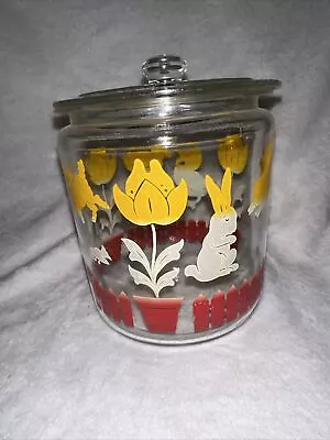 Vintage 1950's Anchor Hocking Glass Cookie  Cracker Jar Bunny Lamb Duck Tulip • $30