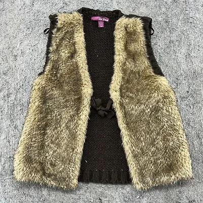 VINTAGE Sweater Womens XL Brown Open Font Faux Fur Cardigan Sweatshirt 90s • $19.96