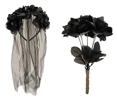 £5.99 • Buy Black Veil & Rose Set Halloween Corpse Bride Wedding Day Of The Dead Fancy Dress