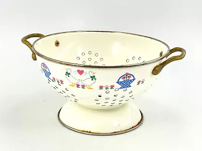 Vintage Porcelain Metal Colander Enamelware Country Kitchen Floral Ducks • $26.94