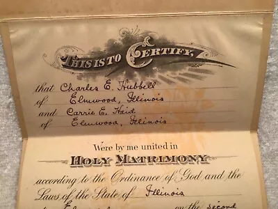 1929 Wedding License Charles Hubbell & Carrie Haid Elmwood IL With Signatures • $29.99