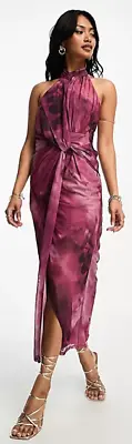 £13.99 • Buy ASOS Design Halter Neck Bodycon Mesh Midi Dress In Purple Floral Smudge Print