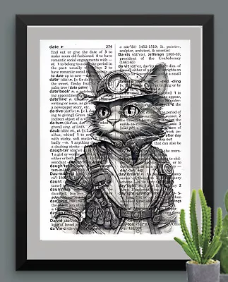 Steampunk Kitty Cat Printed On Vintage Dictionary Page Art Print Cat Lovers Gift • $8.95